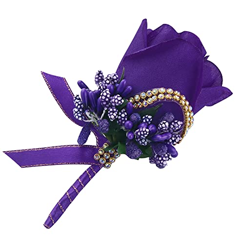 Wrist Corsage Boutonniere Set 6 Pack, Artificial Rose Bridesmaid Corsage and Groom Men Boutonniere for Wedding Party Prom (Boutonnieres Wristlet - Purple, 6 Pcs) - color: Boutonniere Corsage- Purple, size: 6 Packs