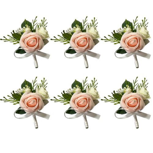 6PCS Blush Pink Boutonniere for Men,Coral Pink Boutonniere Pins for Men Groomsmen Guest, Artificial Flowers for Wedding Decor Prom Homecoming - color: Blush Pink