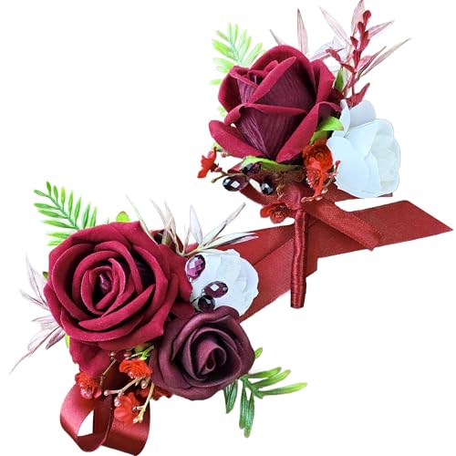 Corsage and Boutonniere Set with Burgundy Roses for Bride, Groom, Bridesmaids Groomsmen Weddings, Proms, Homecomings. Perfect Party Suit Decor Wedding Flowers Accessories (Burgundy) - color: Burgundy