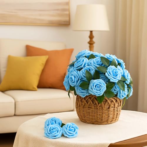 100 Pcs Artificial Foam Rose Flower Faux Bouquet Wedding Fake Rose Gift for Mother's Day Women DIY Bridal Shower Party Table Birthday Home Spring Decor (Light Blue) - color: Light Blue