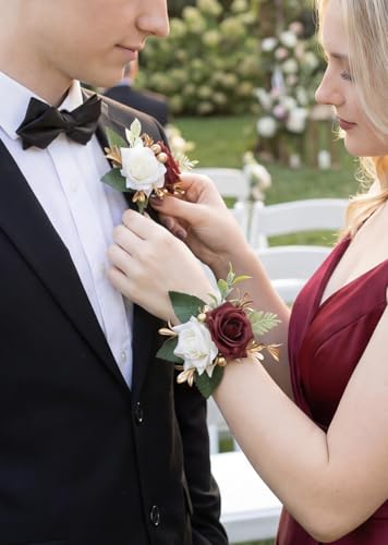 Burgundy Corsage and Boutonniere Set for Wedding Prom, Artificial Rose Flower Wrist Corsage Bracelets, Homecoming Corsage Wristlet, Boutonniere for Men Wedding Suit Decorations - color: Burgundy