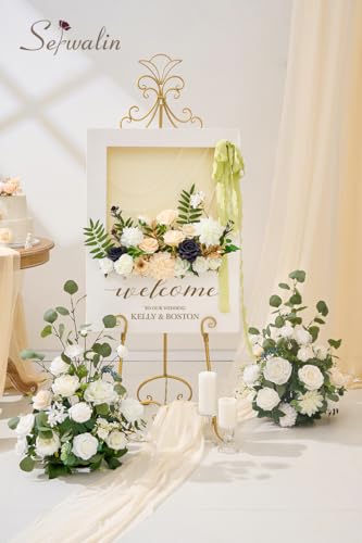Serwalin Artificial White & Black & Champagne Flowers, Silk Fake Flowers for DIY Wedding Bouquets Cake Flowers, Table Centerpieces Baby Shower Birthday Party Home Decorations - color: White & Black & Champagne, size: Grand
