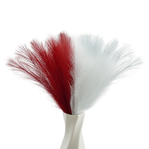 40pcs Artificial Pampas Grass 21.6" Faux Dried Flowers Pompas Grass Bouquet Flower Arrangement and Vase Filler for Gothic Room Decoration Wedding Party Boho Home Decor - color: Red & White
