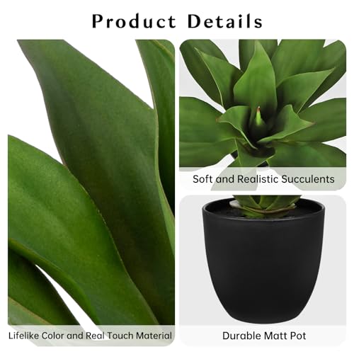 Large Faux Agave Plant 13.4" Fake Plant Artificial Decor Faux Plant Fake Succulent Plants in Pot Realistic Agave Plant Artificial Potted Plants for Home Living Room Table Office Desk Bathroom Indoor - color: Agave -Black