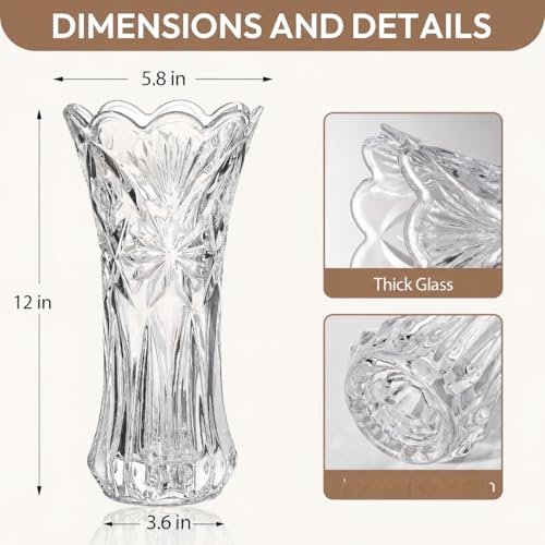 JASVIC 12 Inch Crystal Vases for Flowers, Tall Glass Flower Vase for Bouquet, Elegant Modern Large Vase, Starburst Design Decorative Vase for Living Room Centerpiece, Mother's Day, Wedding Gift - color: Starburst Design