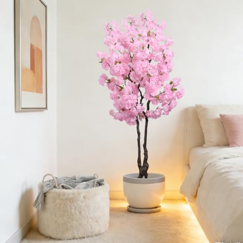 BINCUE Artificial Pink Cherry Blossom Tree Fake Tree Cherry Blossom Decor Fake Flowers Faux Flowering Tree Pink Flowers Floral Artificial Plants for Indoors Outdoors Room Home Decor Gift 6FT - color: Pink-05ap
