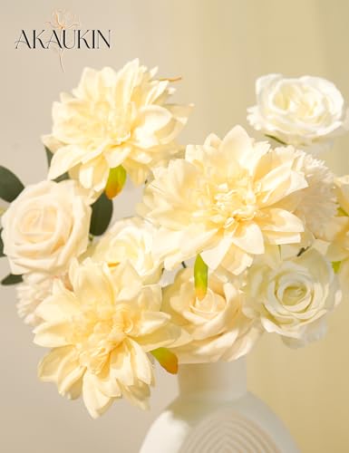 Artificial Flowers Combo Set Creamy Yellow Faux Dahlia Roses DIY Wedding | Flexible wire stems artificial flower set for bridal shower bouquet centerpieces home decor crafts reusable arrangement - color: Creamy Yellow, size: The Minimalist