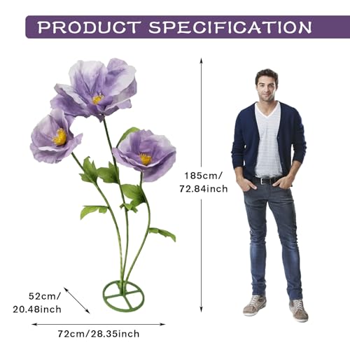 3PCS Purple Giant Artificial Flower 3D Realistic Flowers Made of Waterproof Paper Durable Easy Maintenance Perfect for Home Garden Weddings Hotel Events Christmas Graduation Party Decorations - color: Purple