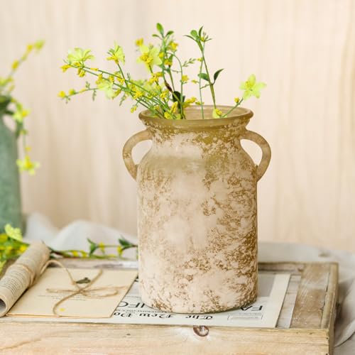 Glass Flower Vase with Handle- 8 Inches Rustic Imitation Ceramic Vase for Flowers, Vintage White Brown Centerpiece Decorations for Farmhouse, Modern Home, Table & Holiday Decorations - color: White Brown