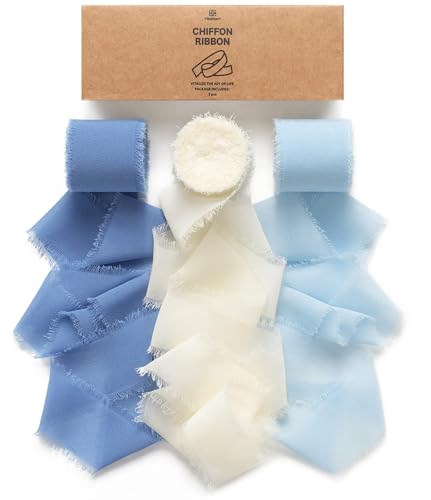 Vitalizart Blue Handmade Chiffon Silk Ribbon Fringe 1.5" x 21 Yd Dusty & Baby Blue Frayed Edges Ribbons for Wedding Invitations Bridal Bouquets Gifts Wrapping Crafts Holiday Party Decorations - color: White & Blue