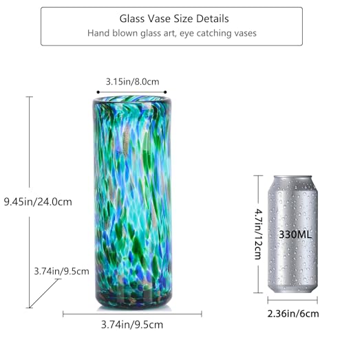 9.45" Tall Teal Vase Hand Blown Glass Vase Green, Modern Teal Home Centerpieces Wide Mouth Vases for Bud&Flower Decor - Ideal Living Room, Kitchen, Wedding, Dining Table, Office Center Table