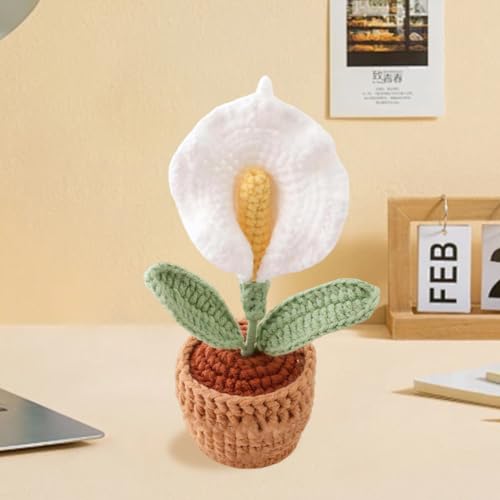 2 Pieces Mini Crochet Calla Lily Potted Plants, Handmade Knitted Fake Calla Lily with Planter for Bathroom Home Kitchen Rustic Table Centerpiece Decor, White - color: White