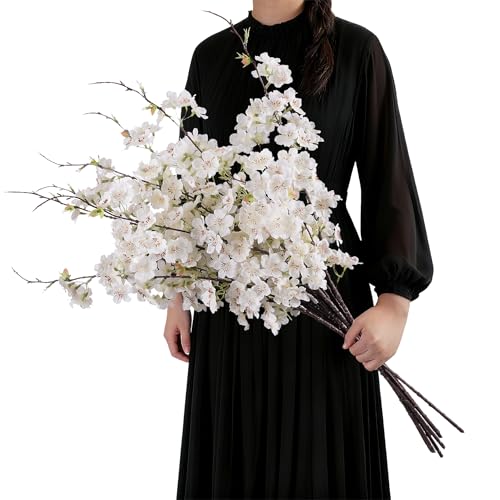 Artificial Cherry Blossom Branches 27.6In Silk Cherry Blossom Branches 8PCS Long Stem Artificial Flowers for Tall Vase, for Home Decorate, Weddings Decorate, Parties & Festival Gifts (White) - color: 8pcs White