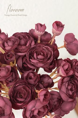 Floroom Ranunculus Artificial Flowers 18 Pcs Burgundy Faux Silk Mini Ranunculus Bulk Fake Wedding Filler Flowers for DIY Red Bouquets, Centerpieces, Bridal Shower Decorations & Arrangements - color: Burgundy