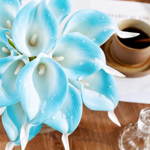 Artificial Calla Lily 12Pcs Real Touch Faux Flowers for Wedding Bouquet, Bride Bridal Shower, Spring Home Kitchen Table Decor, Fake Lilies for Centerpieces, Party Decorations (Peacock Blue) - color: Peacock Blue