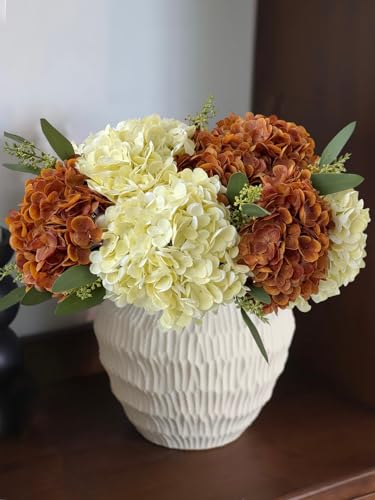 YalzoneMet 3 PCS Beige Creamy Hydrangea Artificial Flowers 21 inches Real Touch Faux Latex Hydrangea Flowers for Wedding Tables Centerpieces Fake Flowers for Party Home Kitchen Decor - color: Beige Creamy