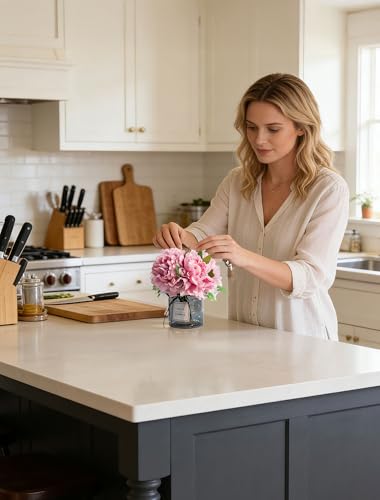 BLOSMON Pink Artificial Flowers in Vase: Fake Hydrangea with Gray Vase LED Light for Table Centerpieces Decor - Small Faux Arrangements Desk Vanity Bathroom Office Decoration (8.2" Height) - color: Pink