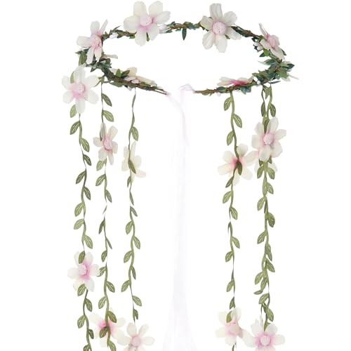 White Fairy Flower Headpiece, Bohemian Daisy Floral Headband, Handmade Forest Woodland Vine Flower Crown for Women Bridal Wedding Renaissance Party Cosplay Costume Hair Accessories - color: White
