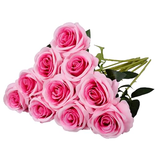 10 Pcs Dark Pink Rose Artificial Flower, Faux Silk Flowers With Long Stems, Fake Roses Bulk Bouquet for Decoration Valentine's Day Centerpieces Proposal Bridal Bouquets Shower Party Home Floral Decor - color: Dark Pink