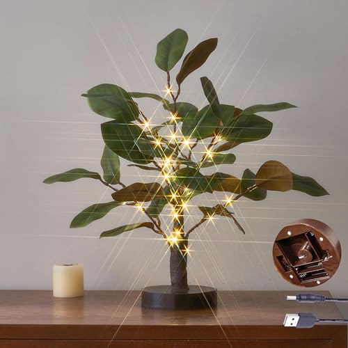 Hairui Lighted Magnolia Tree with Timer 18IN 35 LED Fairy Lights Battery Operated or USB Plug in, Artificial Greenery Tabletop Tree with Lights for Spring Room Fireplace Décor - color: 35l-magnolia