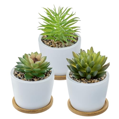 MyGift Assorted Artificial Succulent Plants - Decorative Fake Desert Plants with Pebble Fillers in White Ceramic Pots with Bamboo Saucers, Set of 3