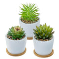 MyGift Assorted Artificial Succulent Plants - Decorative Fake Desert Plants with Pebble Fillers in White Ceramic Pots with Bamboo Saucers, Set of 3