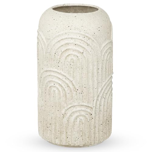 10 inch Large Ceramic Vase, Beige Boho Embossed Flower Vase with Texture, Farmhouse Pottery Vase for Home Decor Mantle Fireplace Living Room Table Centerpiece Pampas Grass - size: 10 IN