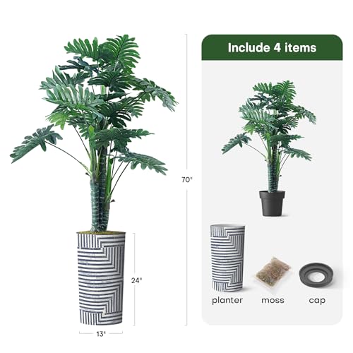 Artificial Tree in Modern Geometric Pattern Planter, Fake Philodendron Tree Silk Tree for Indoor and Outdoor Home Decoration - 70" Overall Tall (Plant Pot Plus Tree) - style: Philodendron Tree