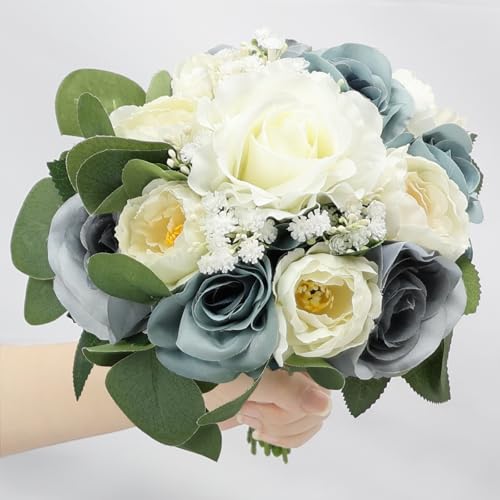 Set of 4 Bridesmaid Bouquets, 11 Inch Wedding Bouquets for Bridesmaids Artificial Flower Bouquets for Wedding Ceremony Bridal Shower Decorations - Dusty Blue & White - color: Dusty Blue & White, size: Set of 4 Bouquets
