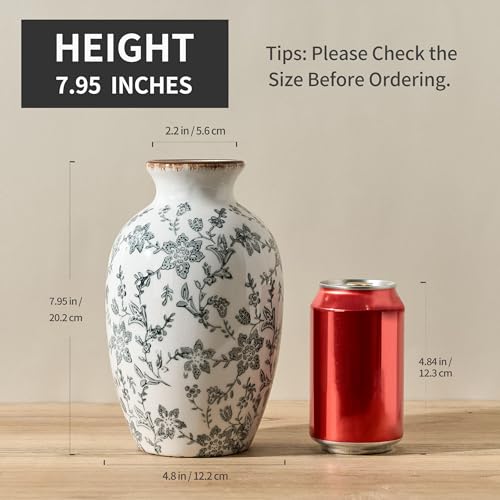 Gray Vintage Chinoiserie Floral Vase, 7.95" Decorative Flower Vase, Modern Farmhouse Ceramic Vase for Home Decor, Living Room, Bookshelf, Office, Entryway, Garden, Chinoiserie Decor, Tuscan Decor - color: Gray- 7.95"