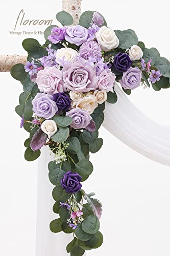 Floroom Arch Flowers with Drapes Kit (Pack of 4) - 2pcs Artificial Lilac Lavender Purple Floral Swag Arrangement with 2pcs Draping Fabric for Wedding Ceremony Arbor and Reception Backdrop Decoration - color: Lilac & Cream