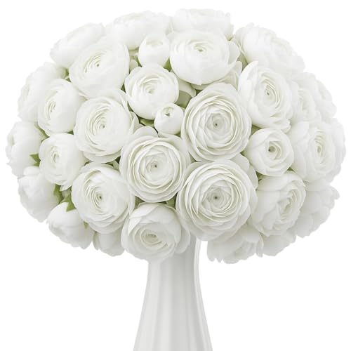 Giegxin 48 Pcs Ranunculus Artificial Flower,Real to Lifelike Peonies Artificial Flower Silk Faux DIY Bouquet for Wedding Bridal Shower Valentine Centerpieces Arrangements Home Decorations(White) - color: White