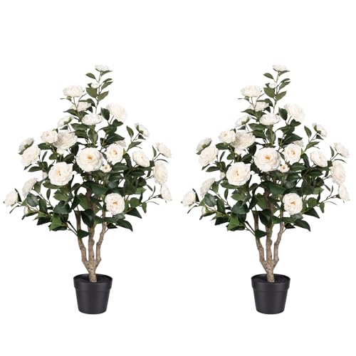 3FT Artificial Camellia Tree 2 Pack, UV Resistant Faux Camellia Plants with Realistic White Flowers, Tall Fake Potted Trees for Front Porch Patio Garden Home Decor, Indoor Outdoor - color: Camellia Tree White