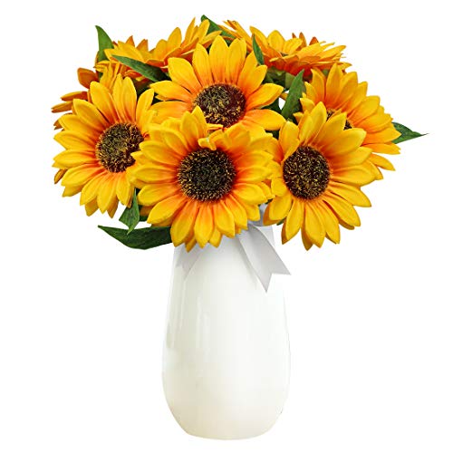 Olrla Artificial Sunflowers with Stems,10pcs Faux Silk Yellow Flower for Wedding Bouquet Floral Arrangement Table Centerpieces Home Office Garden Decoration (No Vase - color: Yellow 10pcs