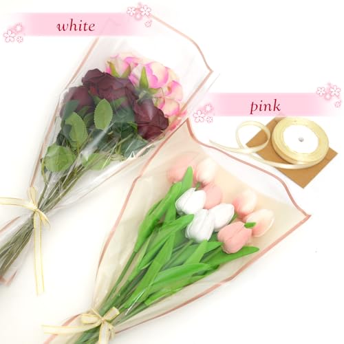 Wzifyf 50 PACK Flower Bags for Bouquets Flower Bouquet Holders White Floral Wrapping Paper flower Sleeves Build Your Own Bouquet Bar with 72 Ft Ribbons for Valentine's Day Packaging Supplies - color: White, size: bouquet wrap