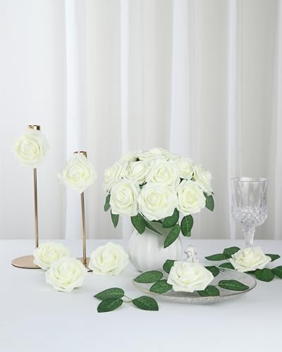 DuHouse 50Pcs Artificial Roses Flowers Fake Roses with Stems Real Touch Foam Flowers for DIY Wedding Bouquet Party Centerpiece Floral Arrangement Party Home Decor(Ivory White) - color: Ivory White, size: 50pcs