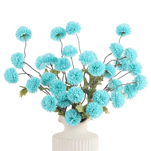 DuHouse 6pcs Artificial Flowers Faux Silk Pompon Mum, Silk Small Mini Chrysanthemum Ball with Stems for DIY Bouquets Centerpieces Vase Home Table Kitchen Decorations (Teal Blue) - color: Teal Blue, size: 6pcs