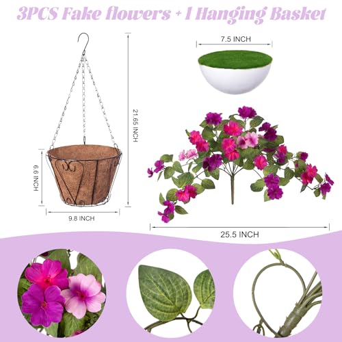 INXUGAO 3 Bundles Artificial Fake Flowers for Outdoors with Hanging Baskets Faux Hanging Flowers Plants for Outdoor Planters UV Resistant Silk Flowers for Outside Spring Home Front Porch Garden Décor - color: Light Purple Dark Purple+basket