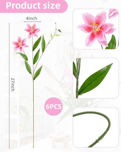 DuHouse 6 Pcs Artificial Lily Flowers, Fake Lilies Silk Flower for Table Vase DIY Wedding Bouquets Party & Home Decor(Pink) - color: Pink
