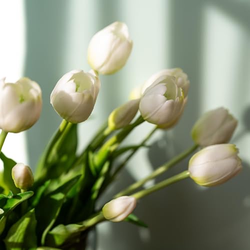 Avoeco 20Pcs Artificial Tulips Flowers Real Touch Latex – Faux Tulips Bouquet for Home Decor, Wedding Centerpieces, Spring Floral Arrangements, Fake Flowers for Vase Decoration (20, White) - color: White