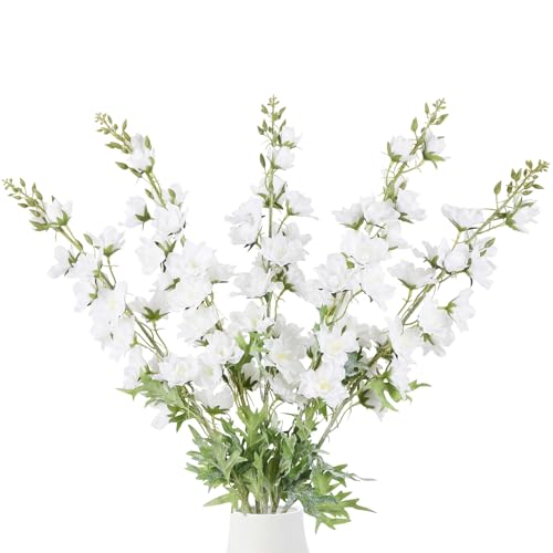 IPOPU 37" White Delphinium Artificial Flowers 5PCS Real Look Flocked Faux Delphinium Flowers with Fuzz Long Stem Silk Larkspur Snapdragon for Wedding & Home Decor(White) - color: White