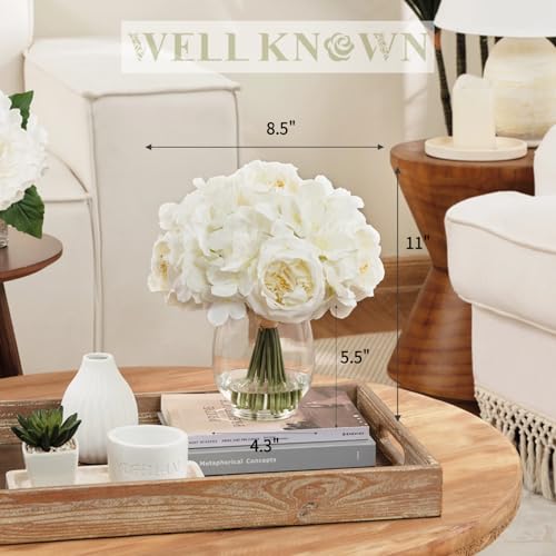 WELL KNOWN Artificial Austin Roses and Hydrangea Petals, 11.5" H Silk Roses Flower Bouquet with Fake Water in Glass Vase, Faux Peony for Home Decor, Table Decor, Weddings, Gift (White) - color: White