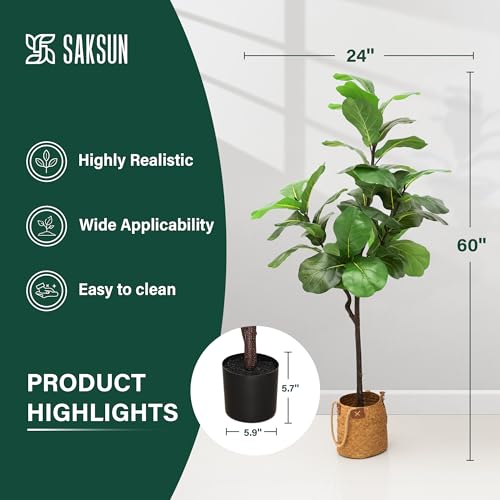 Artificial Fiddle Leaf Fig Tree: 5FT Faux Ficus Lyrata Tree Artificial Plant Indoor Outdoor Tall with Realistic Long Lasting Color Leaves in Pot - Low Maintenance Fake Fig Tree for Home Office Decor - color: Ficus Tree, size: 5ft