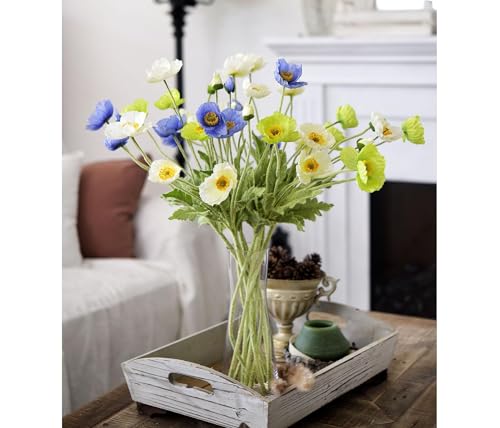 Set of 6 White Poppies Flowers Artificial for Vase, Faux Wildflowers with Long Stems, Silk Flowers Arrangement for Wedding Party Farmhouse Home Office Indoor Kitchen Dining Table Decoration - color: White