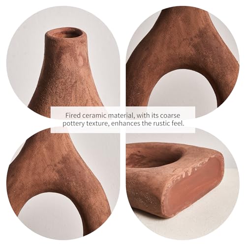 Large Boho Ceramic Floor Vase for Home Decor, Matte Narrow Hollow Vase for Pampas Grass, Minimalist Decorative Centerpiece for Living Room, Entryway, Office (Terracotta Medium) - color: Terracotta Medium
