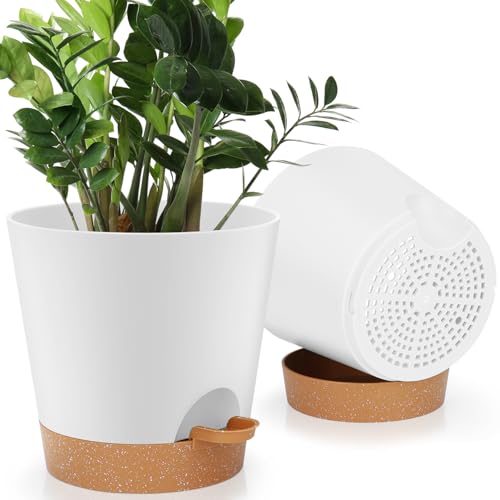 YNNICO 8-Inch Plant Pots, Self-Watering Planters with Drainage Holes & Saucers for Indoor and Outdoor Plants (2-Pack, White) - color: White, size: 8 inch