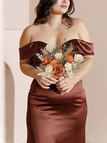 Rinlong 1Pc Fall Wedding Bouquet for Bridesmaids Burnt Orange Dried Flower Bridesmaid Boho Terracotta Bouquet Wedding - color: 04-beige & Terracotta