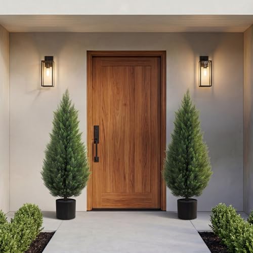 Artificial Cedar Trees 4FT Faux Cedar Topiary Evergreen Plants UV Resistant Outdoor Indoor Fake Cypress Pine Trees with Planter for Front Porch Entryway Patio Garden Home Decor Set of 2 - size: 4ft Black Pot