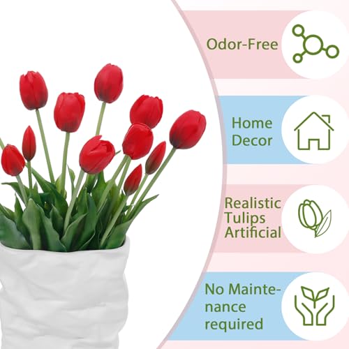 15 Pcs Red Artificial Tulips Fake Flowers, Premium Latex Lifelike Texture, UV Resistant Waterproof Faux Tulip Bouquets with Snap-on Petals for Outdoor, Home, Wedding Decor - color: Red
