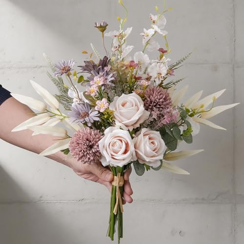 16-inch Artificial Fake Flowers Silk Table Arrangements Faux Plastic Floral Centerpieces for Home Kitchen with Roses, Dandelions, Chrysanthemum, Phalaenopsis, Eucalyptus, Sages, Orchids - color: Champagne